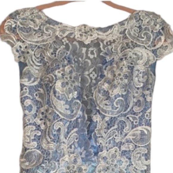 Maxi Gown Backless Light Blue Sz S Illusion Neckline Light Blue Lace Maxi Dress - Picture 3 of 10